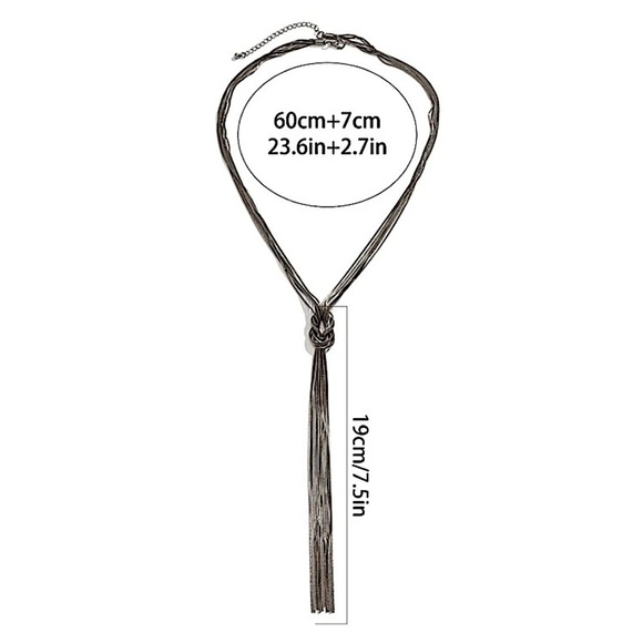 Y Lariat Gunmetal Tassel Fringe Knot Statement Necklace - Picture 7 of 7